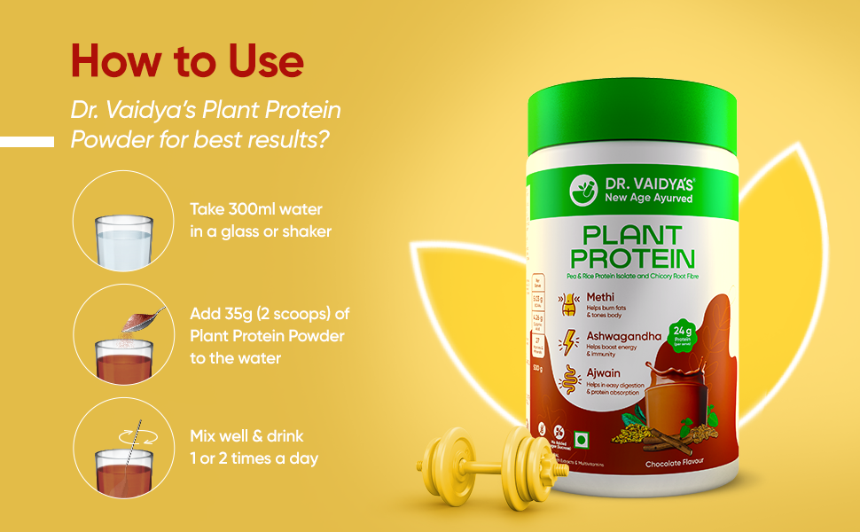 Dr. Vaidya’s Plant Protein Powder | Ayurvedic Pea Protein with Ashwagandha, Methi & Ajwain | 24 g Protein per Serving | Muscle Gain, Energy & Weight Loss | 500g Chocolate Flavour (Pack of 1)