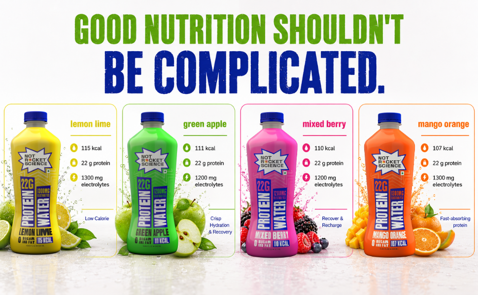Not Rocket Science Protein Water - Lemon Lime + Mango Orange + Mixed Berry + Green Apple| 22g Clear Whey Protein Isolate | 1300mg Electrolytes | 5g BCAAs | Zero Sugar | High Protein Drink | 500ml Pack of 8