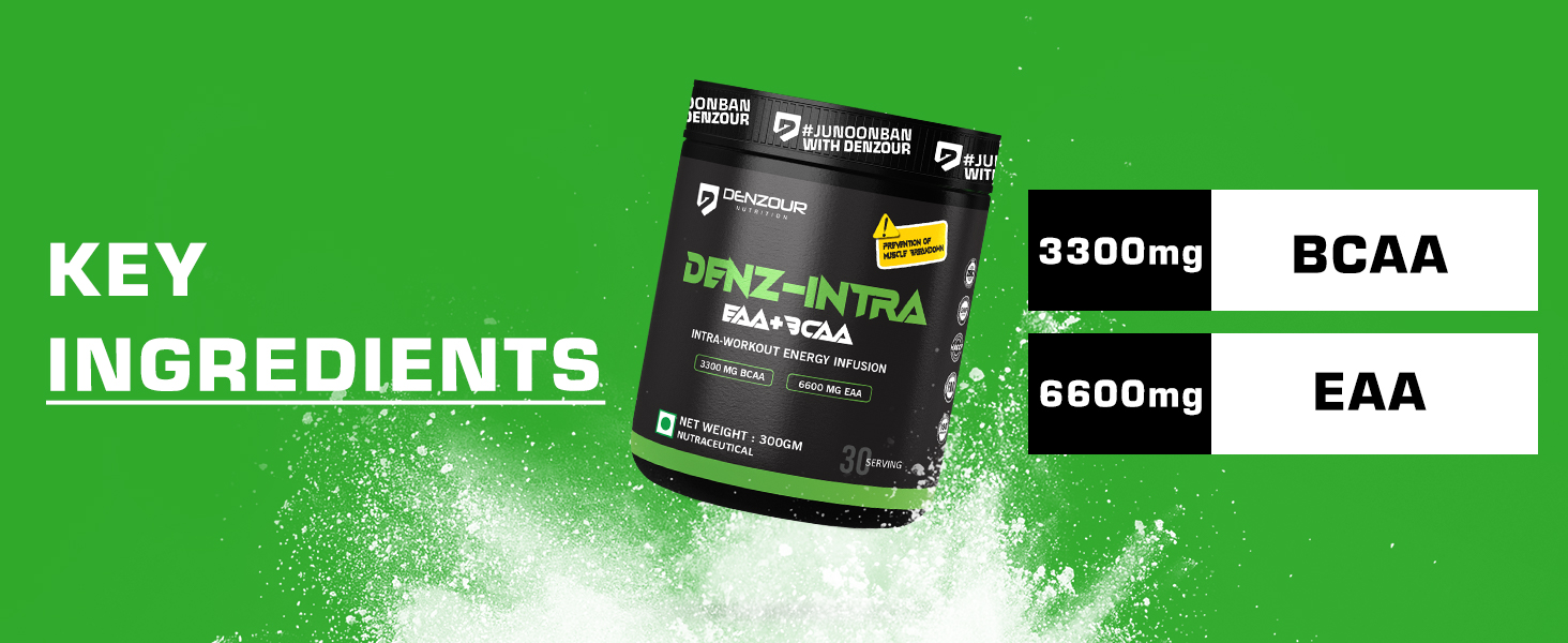 DENZOUR NUTRITION Denz Intra Workout | 3300mg BCAA + 6600mg EAA | Muscle Pump & Energy Formula | For Men & Women | Watermelon Flavour | 300g | 30 Servings | During Workout Supplement