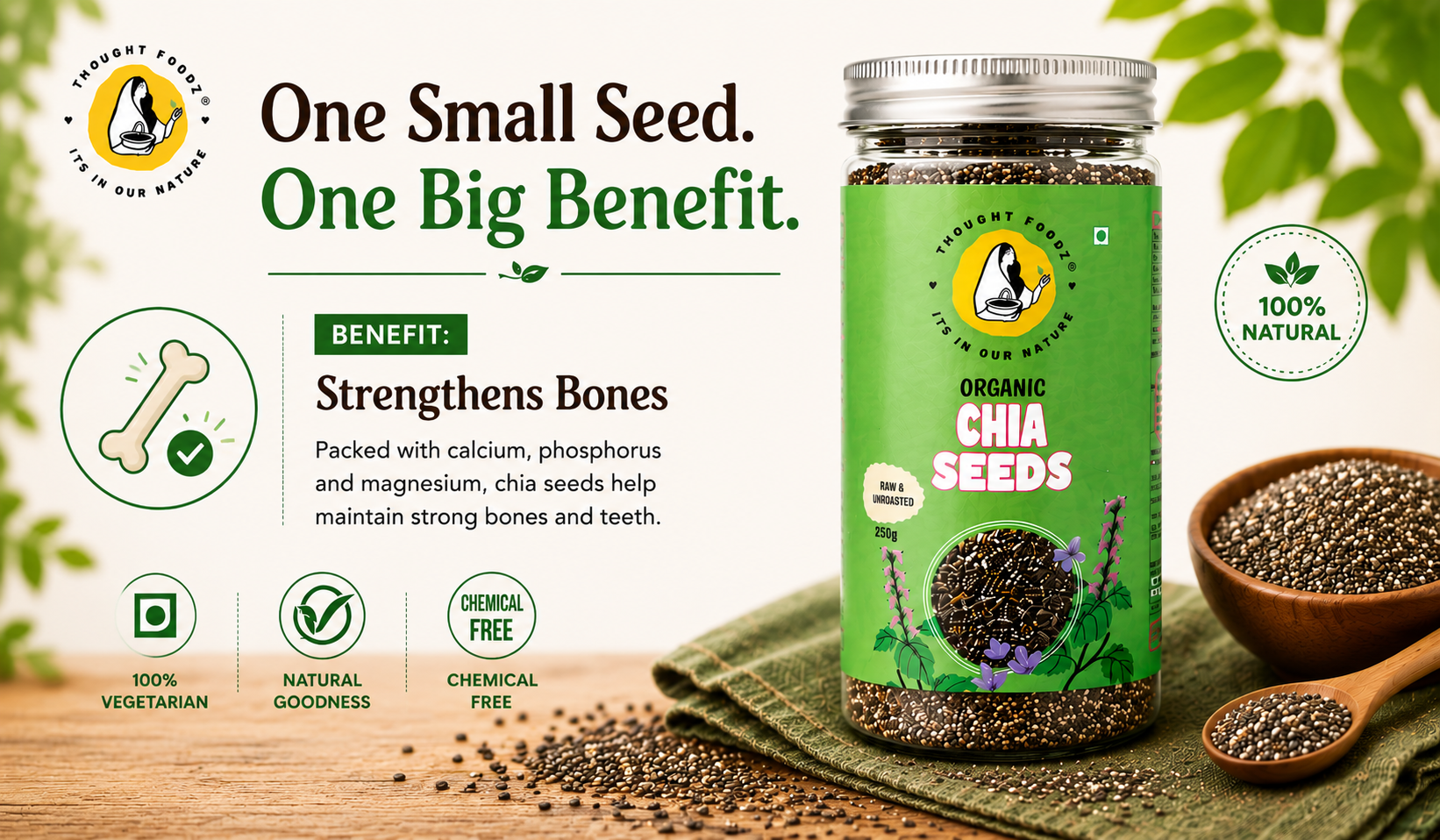 ThoughtFoodz Chia Seeds – 100% Organic & Raw Superfood | High in Omega-3, Fiber & Protein | Ideal for Weight Loss, Digestion & Energy(250gms)