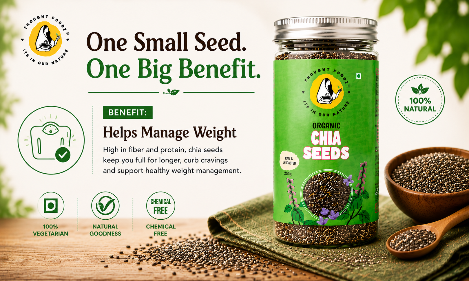 ThoughtFoodz Chia Seeds – 100% Organic & Raw Superfood | High in Omega-3, Fiber & Protein | Ideal for Weight Loss, Digestion & Energy(250gms)