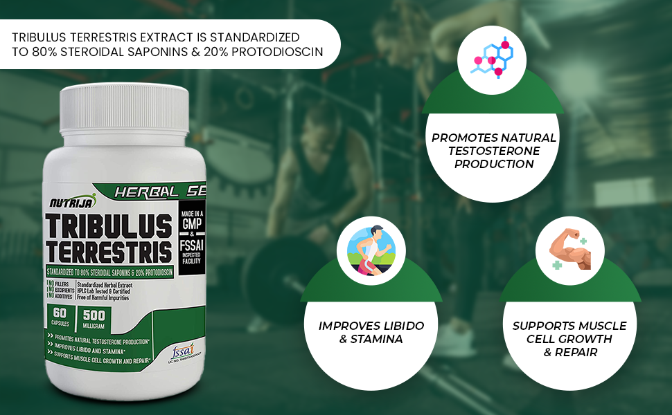 Nutrija Tribulus Terrestris Extract 500mg | 60 Capsules | standardized to 40% Saponins | Supports Natural Testosterone, Muscle Growth & Repair