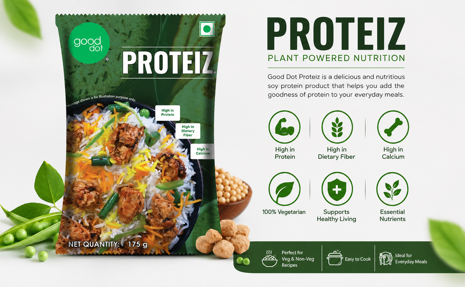 Proteiz High Protein Plant-Based Protein Chunks | Rich in Dietary Fiber & Calcium | Vegetarian Meat Alternative | Ready to Cook Protein Food | Healthy Vegan Protein Source | 175g Pack (PACK OF 1)