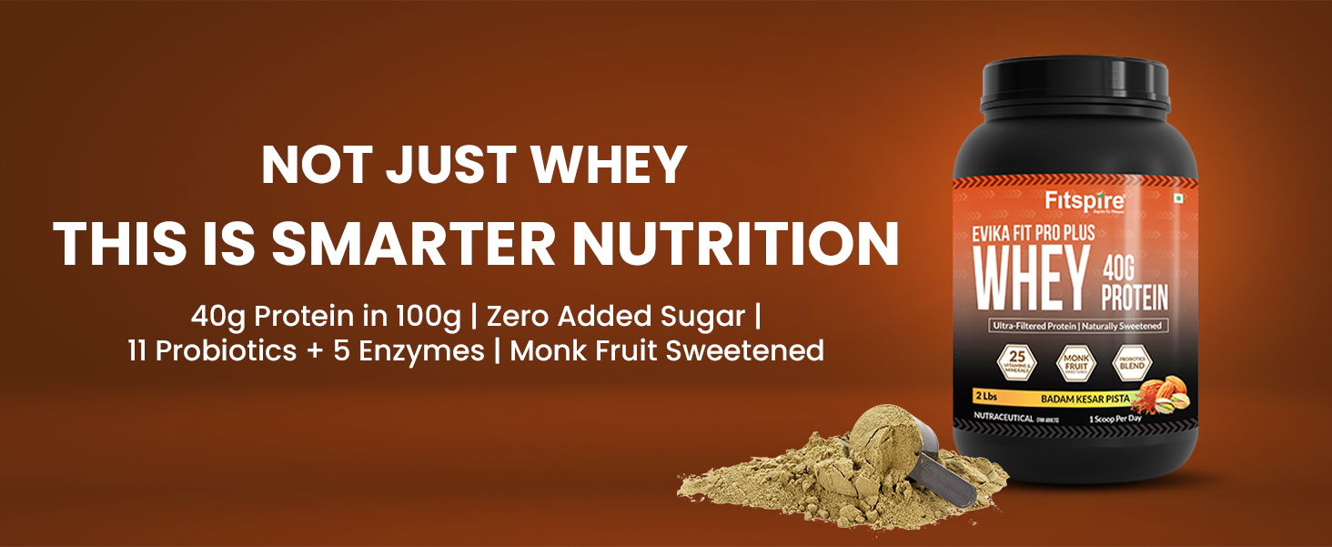 Fitspire EVIKA Fit Pro Plus Whey Protein - Badam Kesar Pista - Muscle Growth and Recovery with Probiotics Enzymes and Vitamins - No Added Sugar - Gut Friendly - Daily Nutrition Support - 2lbs 40g Protein per 100g
