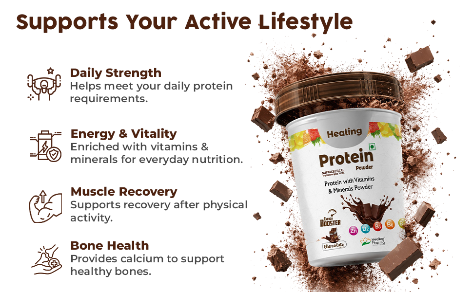 Healing Pharma - Healing Protein Powder with Multivitamins & Minerals | Protein Supplement for Energy Booster Strength, Stamina & Recovery | Chocolate Flavour - 200g