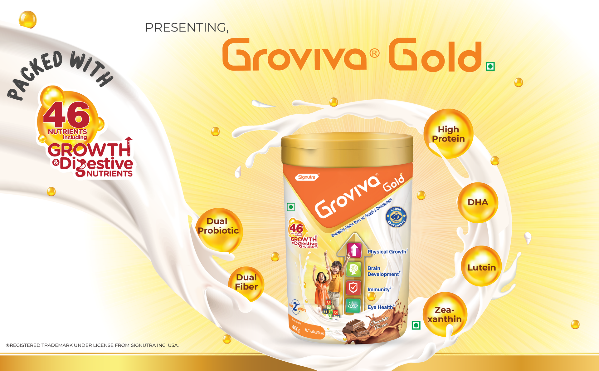 Groviva Gold Milk Protein Powder for Kids | 2-6 Years | 200g Vanilla Jar| 46 Nutrients | Growth & Digestive Nutrients | Supports Physical Growth, Brain Development, Immunity & Eye Health