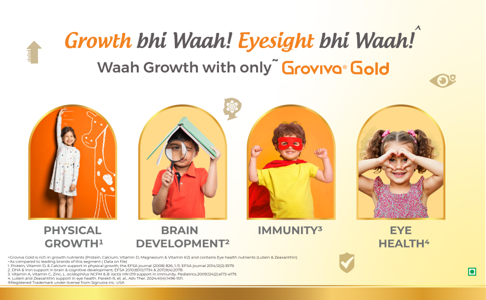 Groviva Gold Milk Protein Powder for Kids | 2-6 Years | 200g Vanilla Jar| 46 Nutrients | Growth & Digestive Nutrients | Supports Physical Growth, Brain Development, Immunity & Eye Health