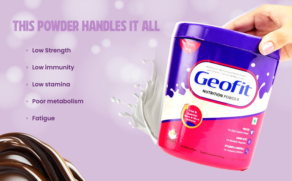 Geofit Vanilla Nutrition Powder - 250g | Power-Packed with Organic Ingredients | Builds Muscle, Boosts Energy | Helps in Weight Management | Made with Milk Powder, Sucrose & Maltodextrin