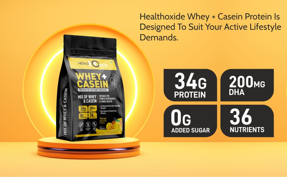 HealthOxide Whey & Casein Protein with DHA & Digestive Enzymes | Dual Release Protein Blend for Muscle Growth Recovery Strength & Stamina | Mango Flavour High Protein Shake for Men & Women | 500g Pack of 01