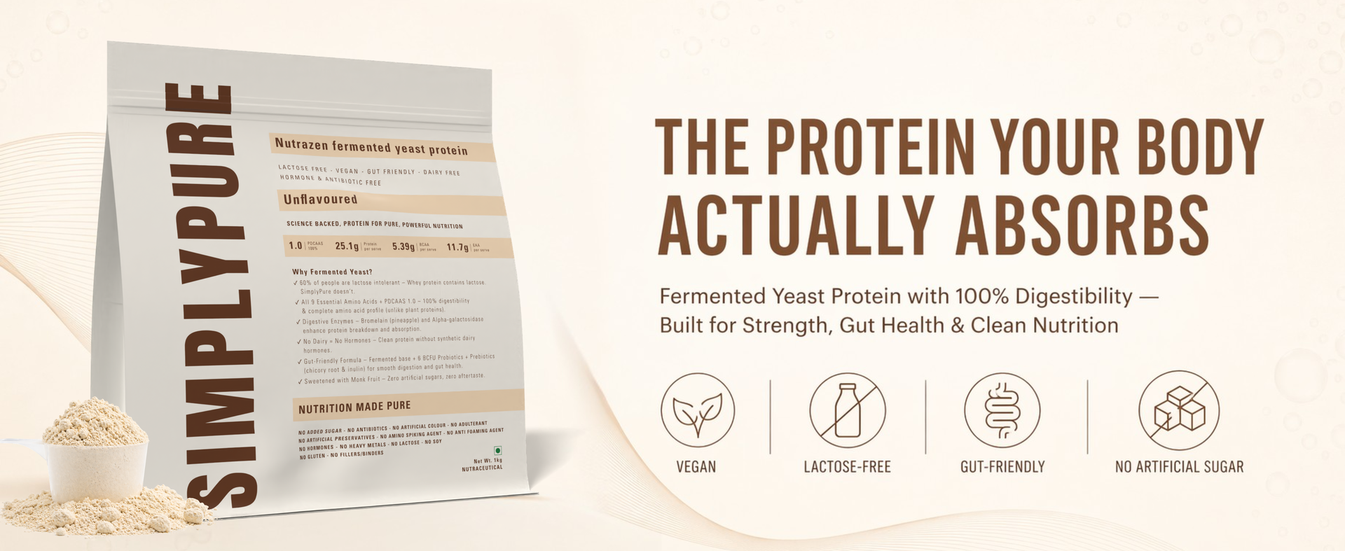 Nutrazen SimplyPure Fermented Yeast Protein Powder - Unflavoured - 1kg | 25.1g Complete Protein | Vegan Protein for Muscle Recovery & Lean Muscle Support | PDCAAS 1.0 | Easy to Digest with Probiotics & Enzymes | Gym & Fitness Supplement