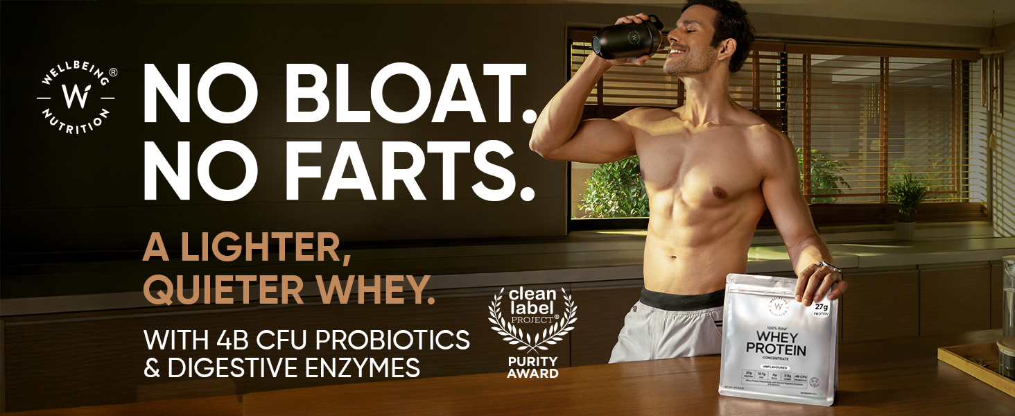 Wellbeing Nutrition Clean Whey Protein Concentrate 1kg Unflavoured | 27g Protein, 6g BCAA | 4B CFU Probiotics & Digestive Enzymes | Fast Absorbing, No Bloating, Easy to Digest | Faster Muscle Recovery