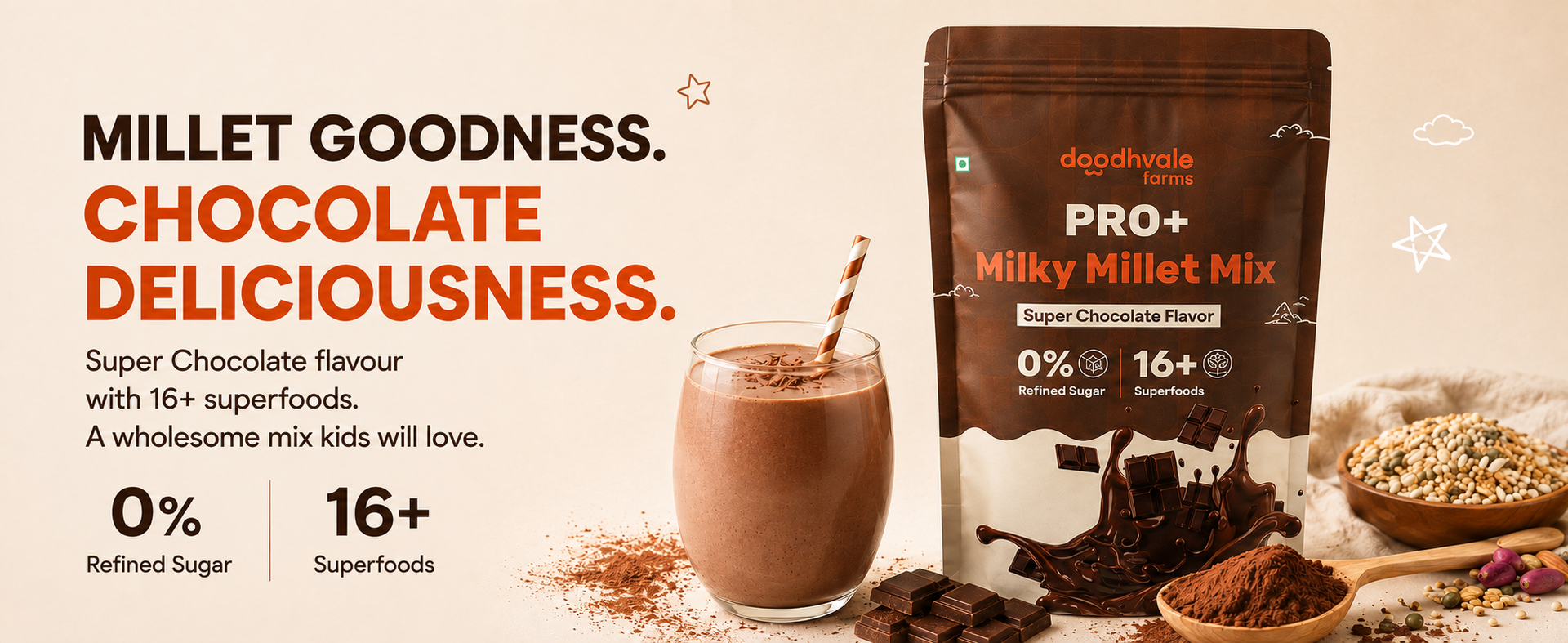 PRO+ Milky Millet Mix, Super Chocolate Flavor, 0% Refined Sugar, 16+ Superfoods, High Protein, 200g