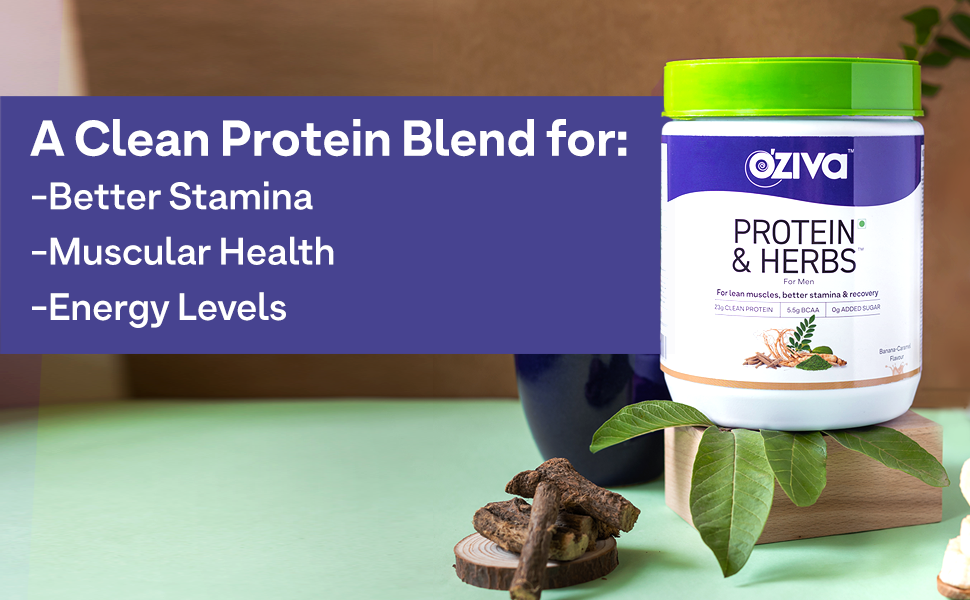 OZiva Protein & Herbs for Men, No Added Sugar, Green Tea, Cafe Mocha, 907G