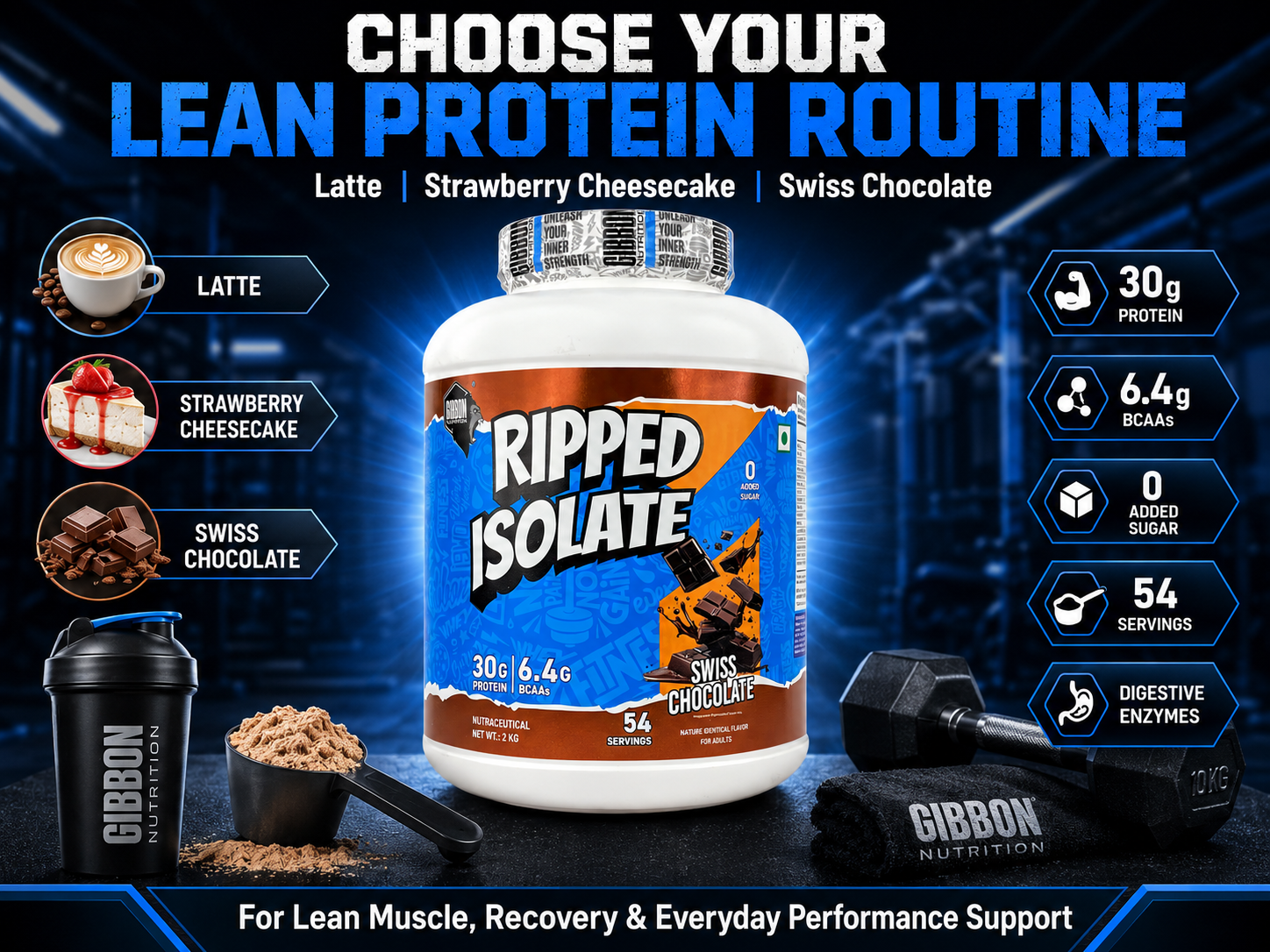 GIBBON Ripped Isolate Pro Series Whey Protein Powder High-Protein, Fat-Burning Whey Isolate for Lean Muscle | Protein Isolate with Fat-Burning Blend for Lean Muscle & Metabolism Boost (2 Kg, Swiss Chocolate)