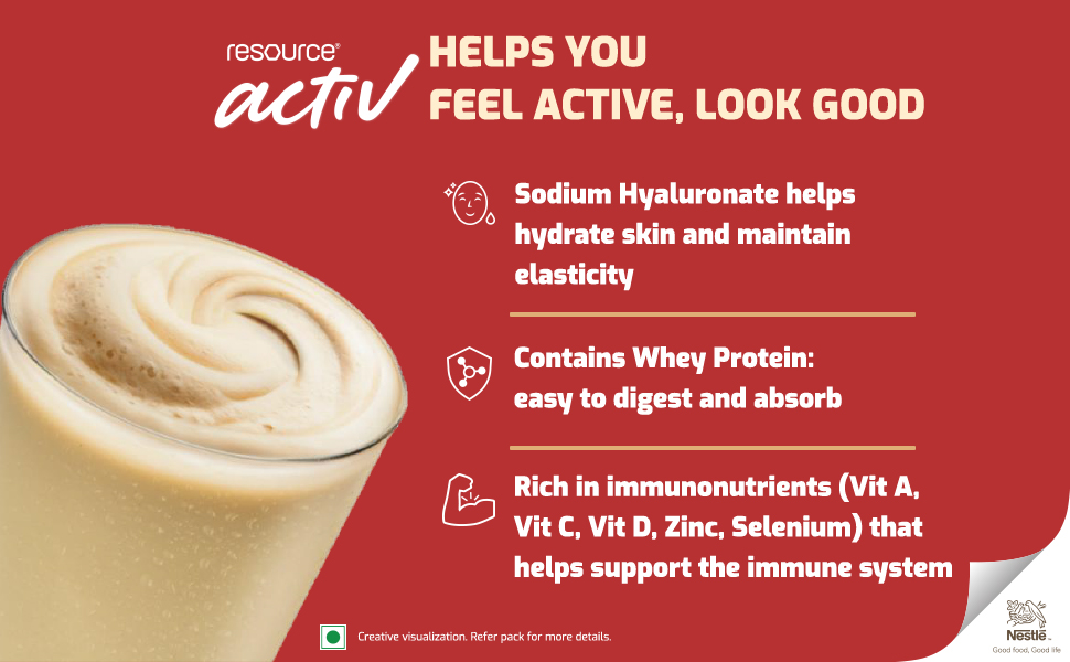 RESOURCE Nestlé Active, High Protein Shake with New Edge Formula, Vanilla Flavour, Strengthens Muscles, Bones, Immune System, Improves Skin 400g Bag-in-box pack.