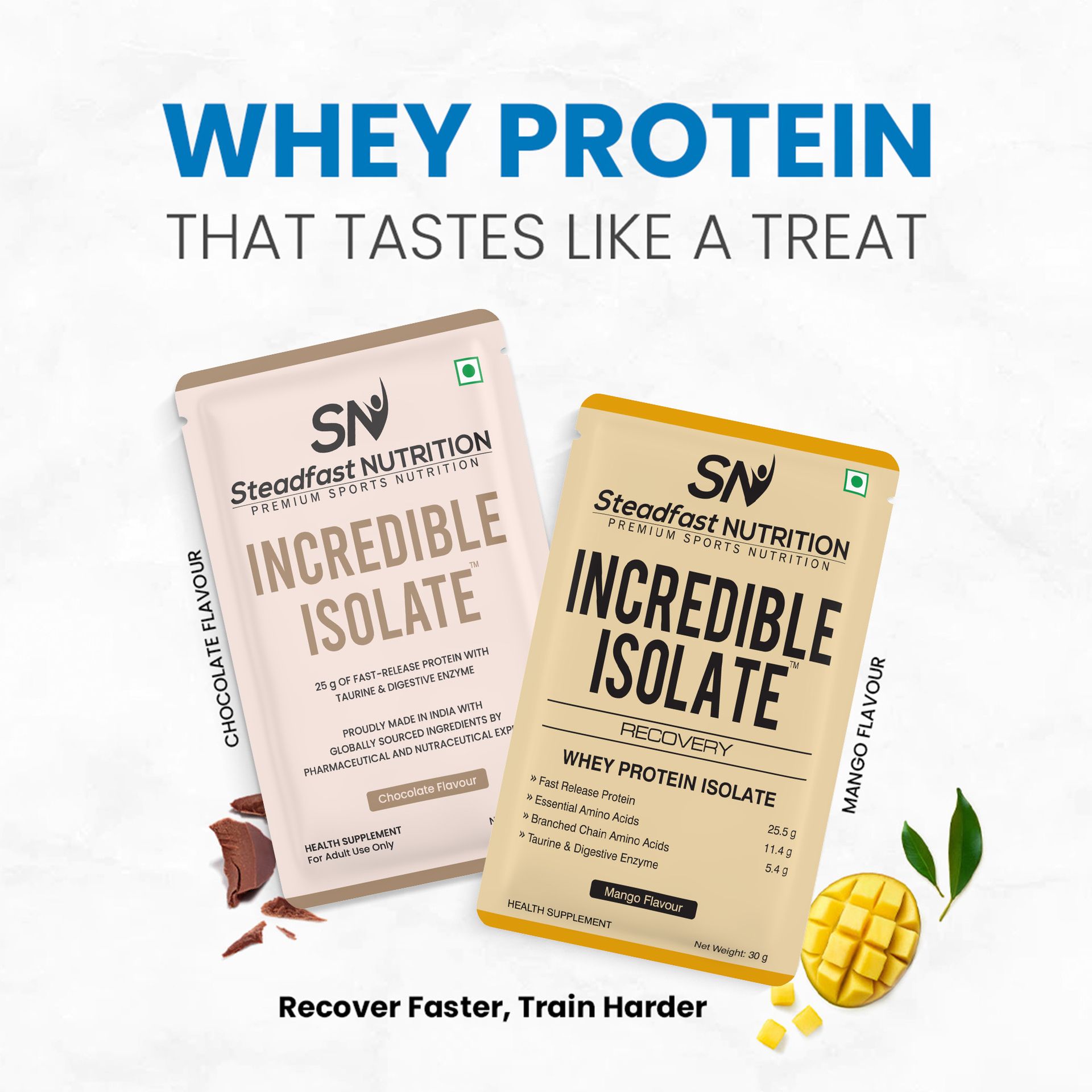 Steadfast Nutrition Incredible Isolate 25g Protein Muscle growth Strength Immunity Whey Protein (Mango 6 Sachets, 180g)
