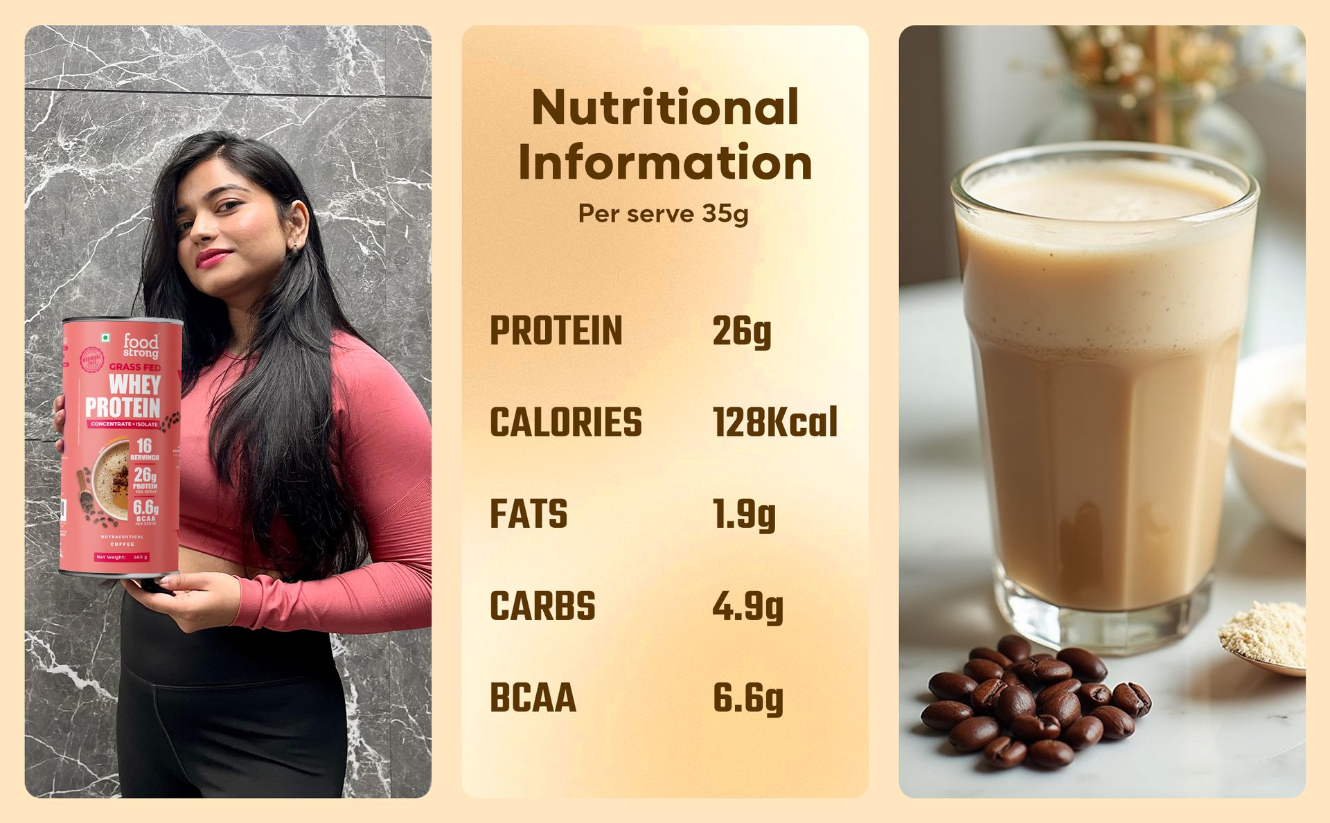 Foodstrong Whey Protein Powder Coffee 26g Protein 560G 16 Sachets