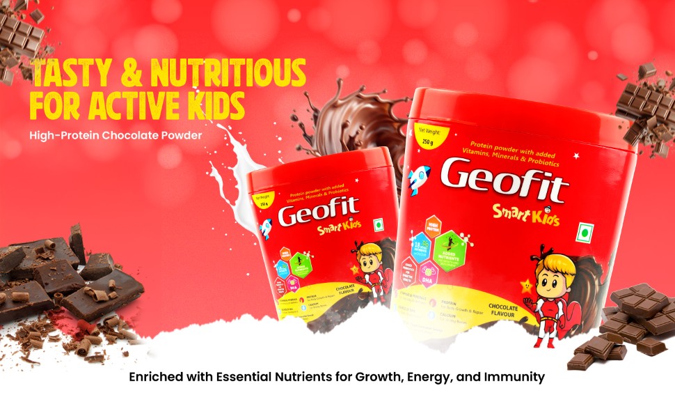 Geofit Smart Kids Protein Powder – 250g | For Kids Age 4-6 | 18 Nutrients for Growth & Immunity | DHA for Brain | Probiotics for Digestion | Energy & Metabolism Boost | Antioxidant Support