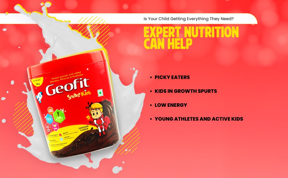 Geofit Smart Kids Protein Powder – 250g | For Kids Age 4-6 | 18 Nutrients for Growth & Immunity | DHA for Brain | Probiotics for Digestion | Energy & Metabolism Boost | Antioxidant Support