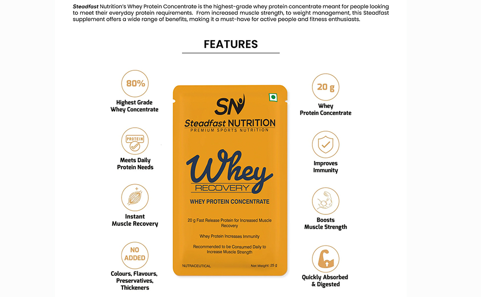 Steadfast Nutrition Whey Unflavoured Protein Concentrate 20g fast release Whey protein for muscle recovery growth & immunity (6 Sachets 150g)