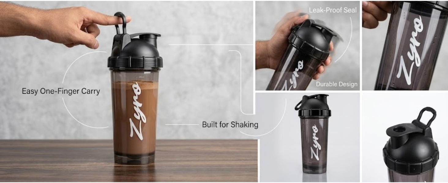 Zyro Protein Shaker Bottle 750ml PC Material with Flip Cap Smoke Black