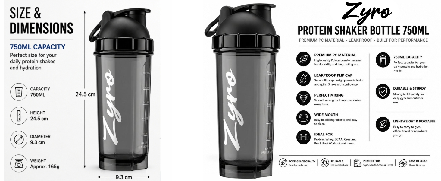 Zyro Protein Shaker Bottle 750ml PC Material with Flip Cap Smoke Black