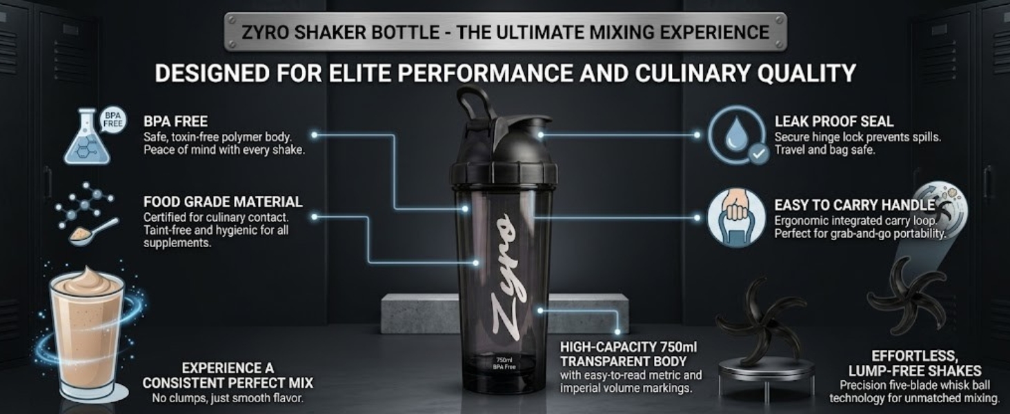 Zyro Protein Shaker Bottle 750ml PC Material with Flip Cap Smoke Black