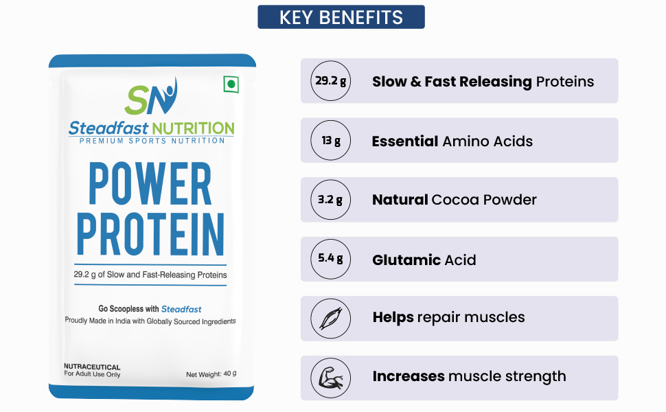 Steadfast Nutrition Power Protein Cocoa 2.4kg, 60 Sachets, Natural Cocoa Powder Glutamic acid 4g carbohydrates & 5 electrolytes