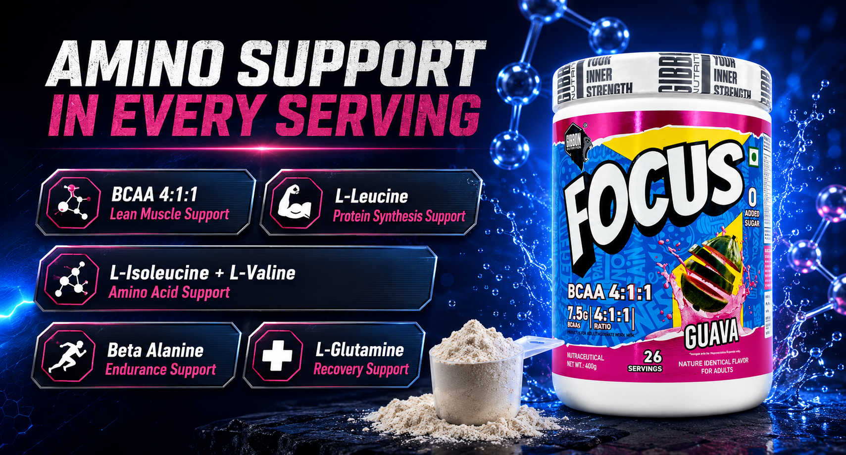 GIBBON Focus BCAA 4:1:1 Powder with Beta Alanine & L-Glutamine | Advanced Muscle Recovery & Endurance Support | Amino Acid Supplement for Lean Muscle & Performance | 400g | 26 Servings (400 Gm, Watermelon)