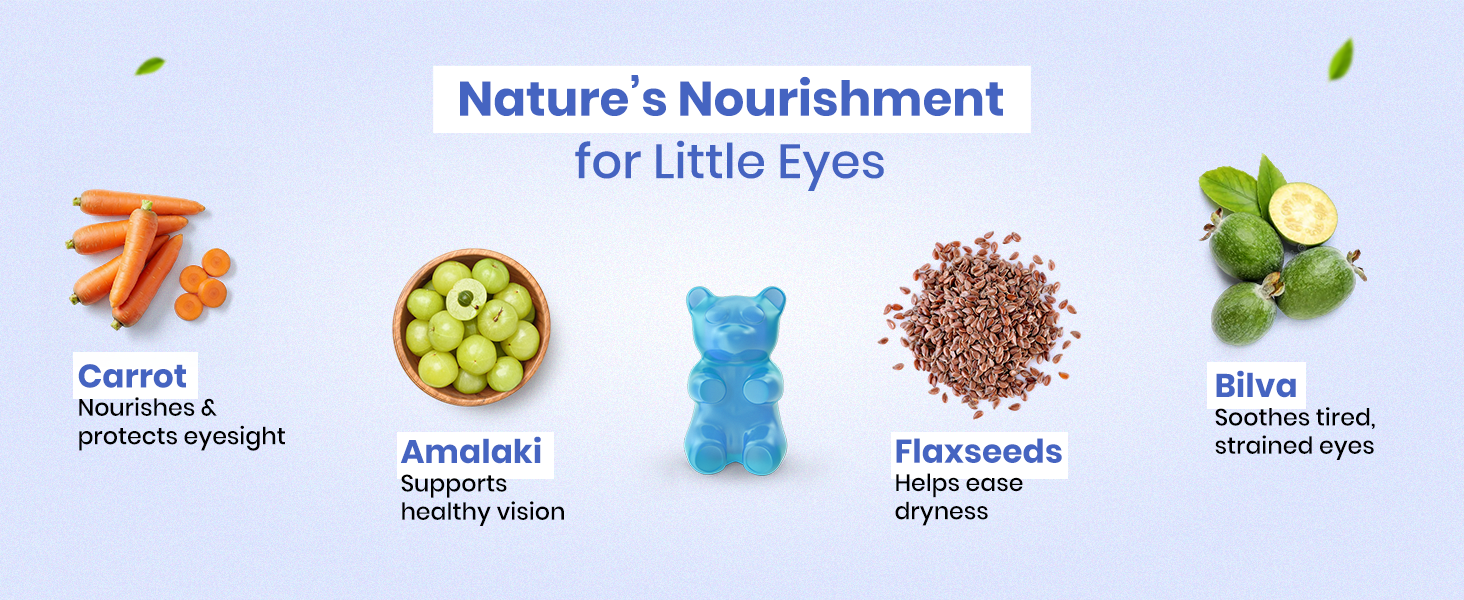 BabyOrgano Eye Care Gummies for Kids 2+ Years | Carrot, Flaxseed, Bilva & Amla | Screen Time Eye Health Support | Gelatin Free Gluten Free | FSSAI Approved | Blueberry Flavour | 30 Gummies