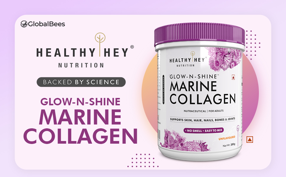 HealthyHey Glow-N-Shine Marine Hydrolyzed Fish Collagen Peptides | Type 1 & 3 Collagen Supplement with Hyaluronic Acid | For Skin, Hair, Nails (Unflavoured, 200,g)