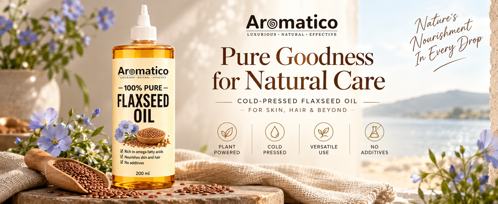 AROMATICO Flaxseed Oil for Skin, Hair, Scalp Massage & Lightweight DIY Beauty Care | Omega 3,6 & 9 Rich for Glowing Skin & Hair Growth - 200ml