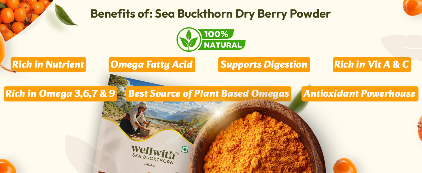 Wellwith Himalayan Sea Buckthorn Dry Berry Skin Powder(100gm.Pack of 3) | Rich in Omega |Vitamin C, Vitamin E | Dry Sea Buckthorn Berry Powder