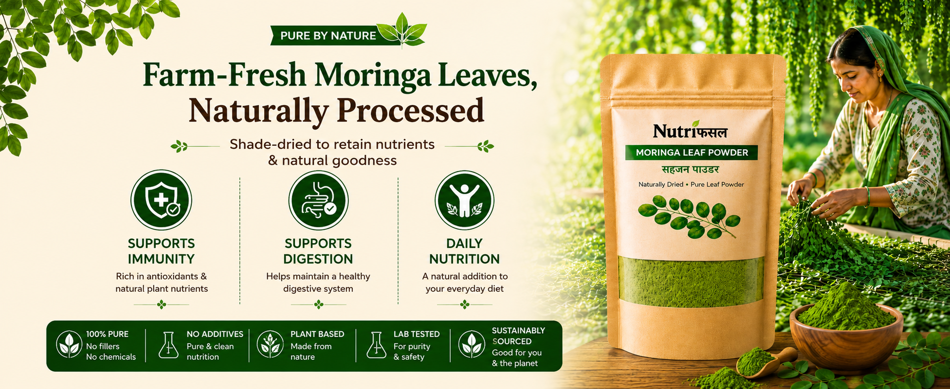 NutriFasal Organic Moringa Powder 100g | Pure Sahjan Powder | Supports Energy & Wellness | For Dal, Roti, Sambar, Curry & Soup | Rich in Vitamins & Minerals for Daily Nutrition