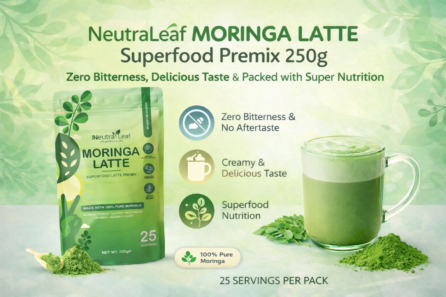 Neutraleaf Moringa Latte Superfood Premix 250g | Creamy Green Herbal Drink with Coconut Milk Powder & Jaggery | Zero Bitter Taste, Rich in Antioxidants & Plant Protein | 25 Servings