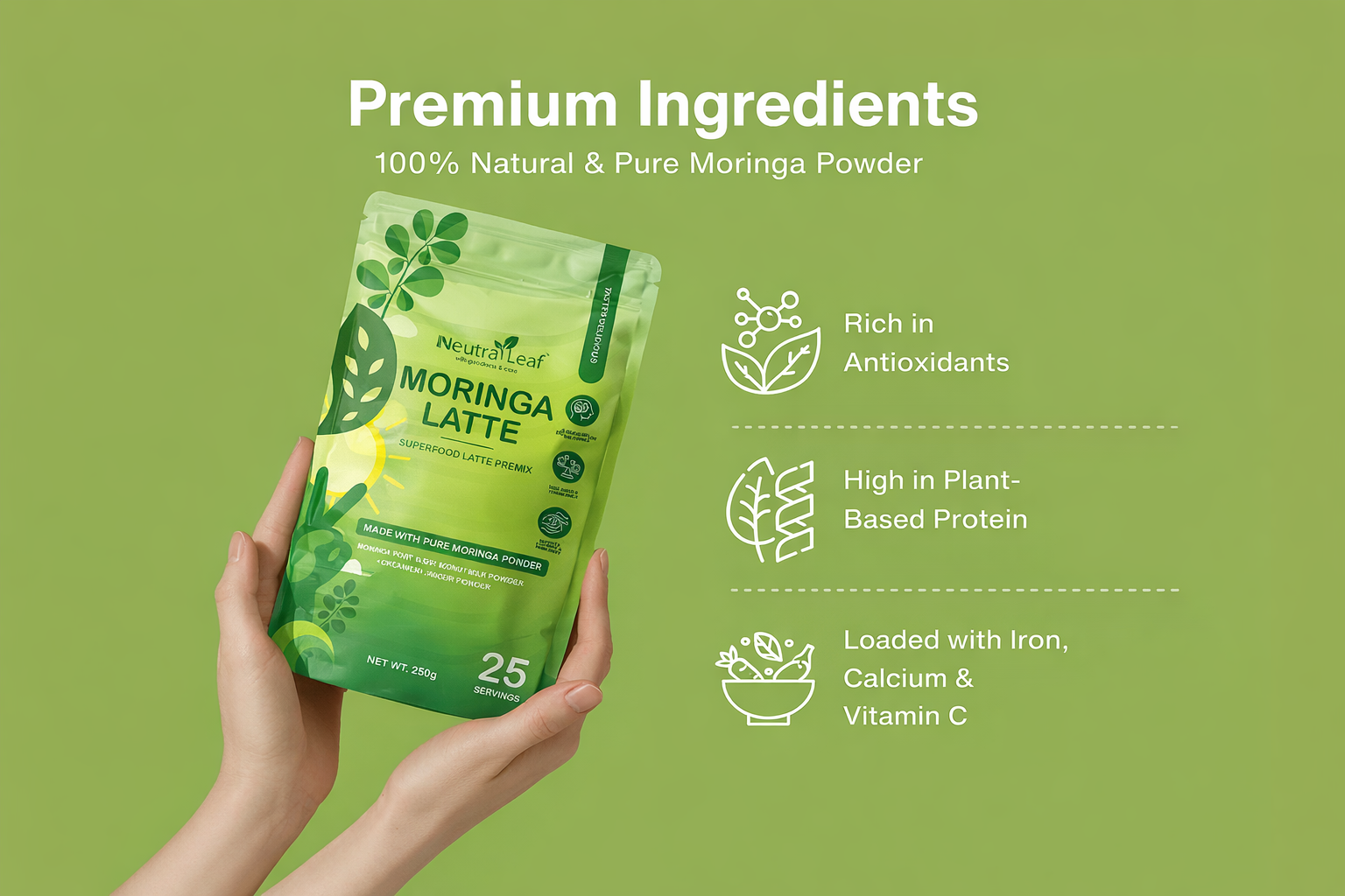 Neutraleaf Moringa Latte Superfood Premix 250g | Creamy Green Herbal Drink with Coconut Milk Powder & Jaggery | Zero Bitter Taste, Rich in Antioxidants & Plant Protein | 25 Servings