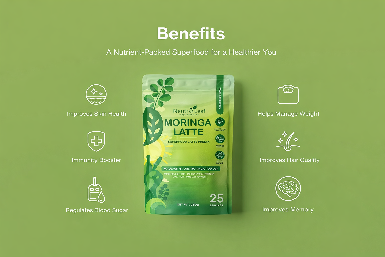 Neutraleaf Moringa Latte Superfood Premix 250g | Creamy Green Herbal Drink with Coconut Milk Powder & Jaggery | Zero Bitter Taste, Rich in Antioxidants & Plant Protein | 25 Servings