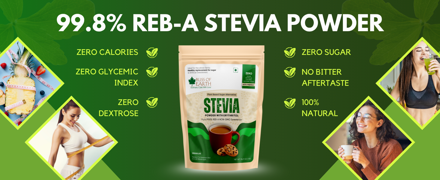 Bliss of Earth Stevia Powder, Organic Sugar Free Zero Calorie Sweetener Diabetic and Keto Friendly 99.8% Purity Vegetarian Gluten Free Quick Dissolve 200g Jar