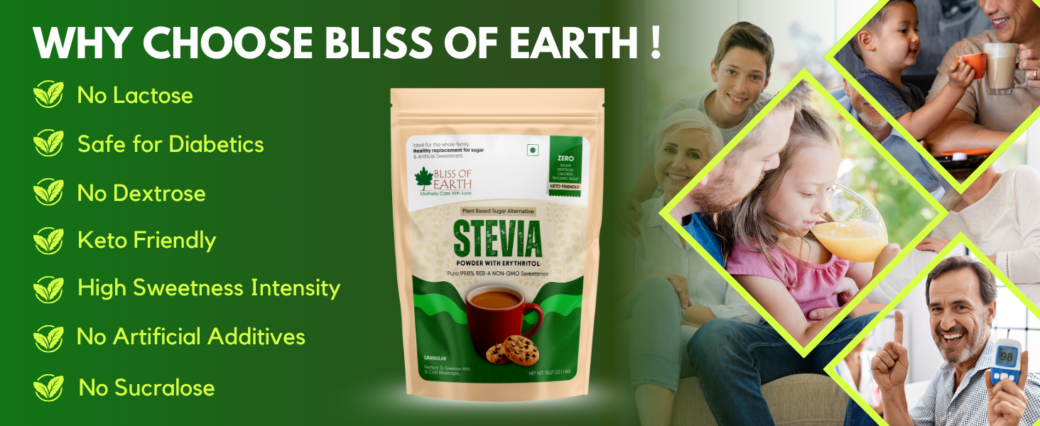 Bliss of Earth Stevia Powder, Organic Sugar Free Zero Calorie Sweetener Diabetic and Keto Friendly 99.8% Purity Vegetarian Gluten Free Quick Dissolve 200g Jar