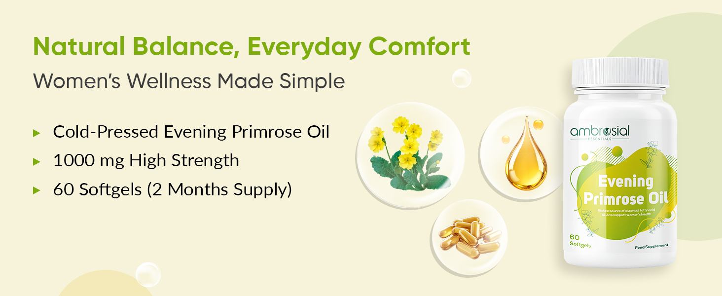 AMBROSIAL Evening Primrose Oil (EPO) 1000mg | 60 Capsules | Rich Source of Omega 6 & GLA |Women’s Daily Wellness Support| Non-GMO, Gluten Free | No Artificial Preservatives (Pack of 1-60 Softgels)