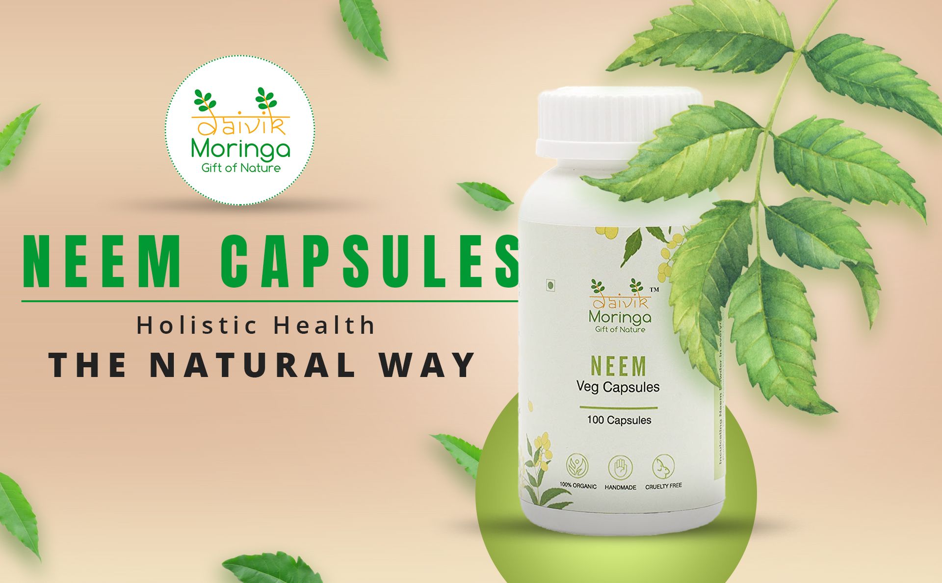 Daivik Moringa Neem Capsules for Healthy Skin and Hair | Powerful Blood Purifier| Helps to Balance Blood Sugar Levels & Boosts Liver Health & Metabolism - 100 Veg Capsules|650MG