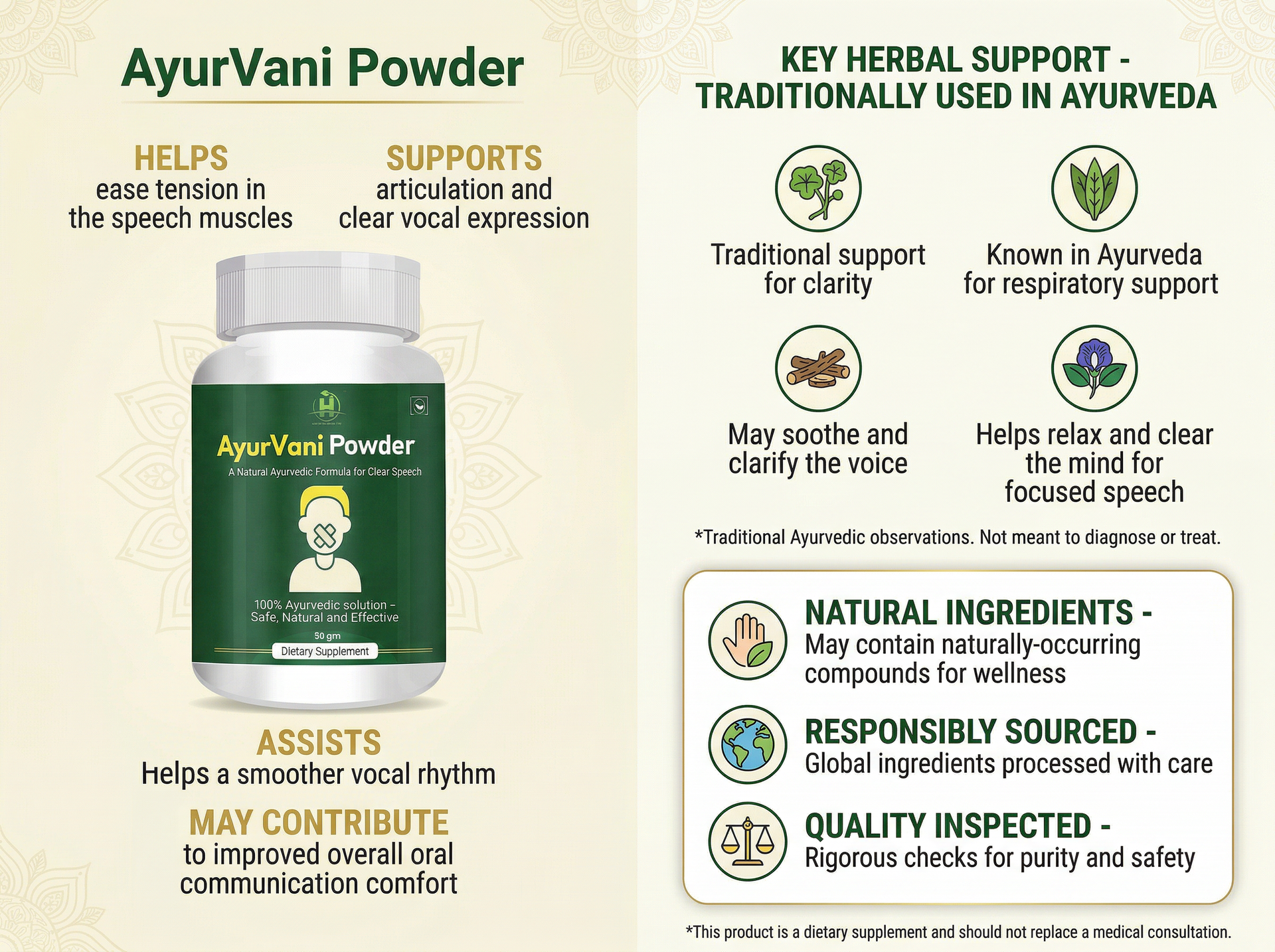 Healthy Nutrition AyurVani Powder | Ayurvedic Herbal Supplement with Brahmi, Shankhpushpi, Guduchi & Shatavari | 50 gm | Traditional Herbal Wellness Blend