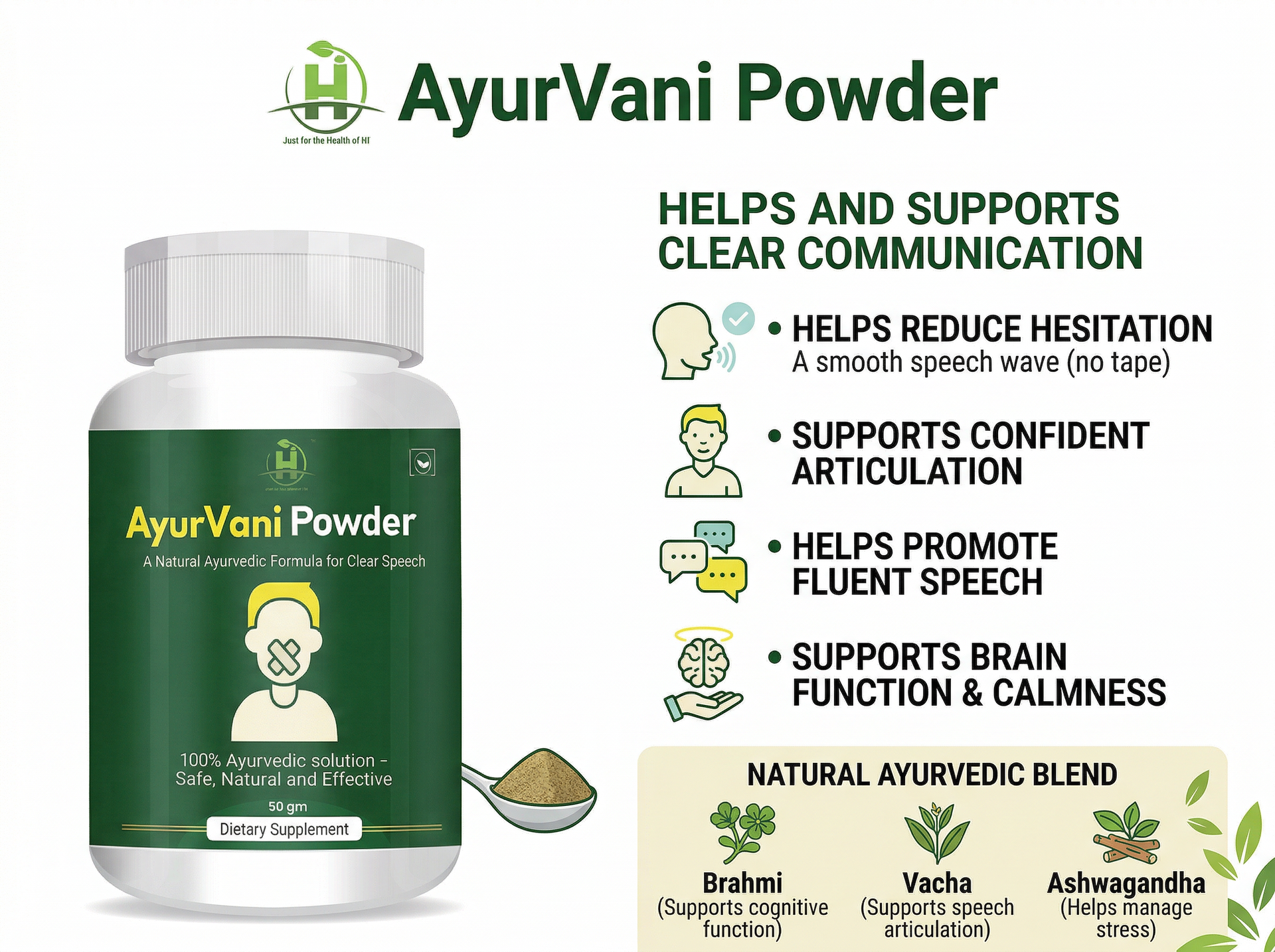 Healthy Nutrition AyurVani Powder | Ayurvedic Herbal Supplement with Brahmi, Shankhpushpi, Guduchi & Shatavari | 50 gm | Traditional Herbal Wellness Blend