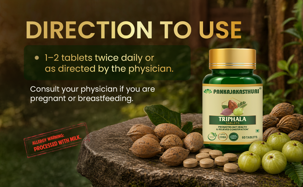Pankajakasthuri Triphala Tablets for Digestive Health and Detoxification, 60 Tablets, with Amla, Bibhitaki and Haritaki, Plant-Based