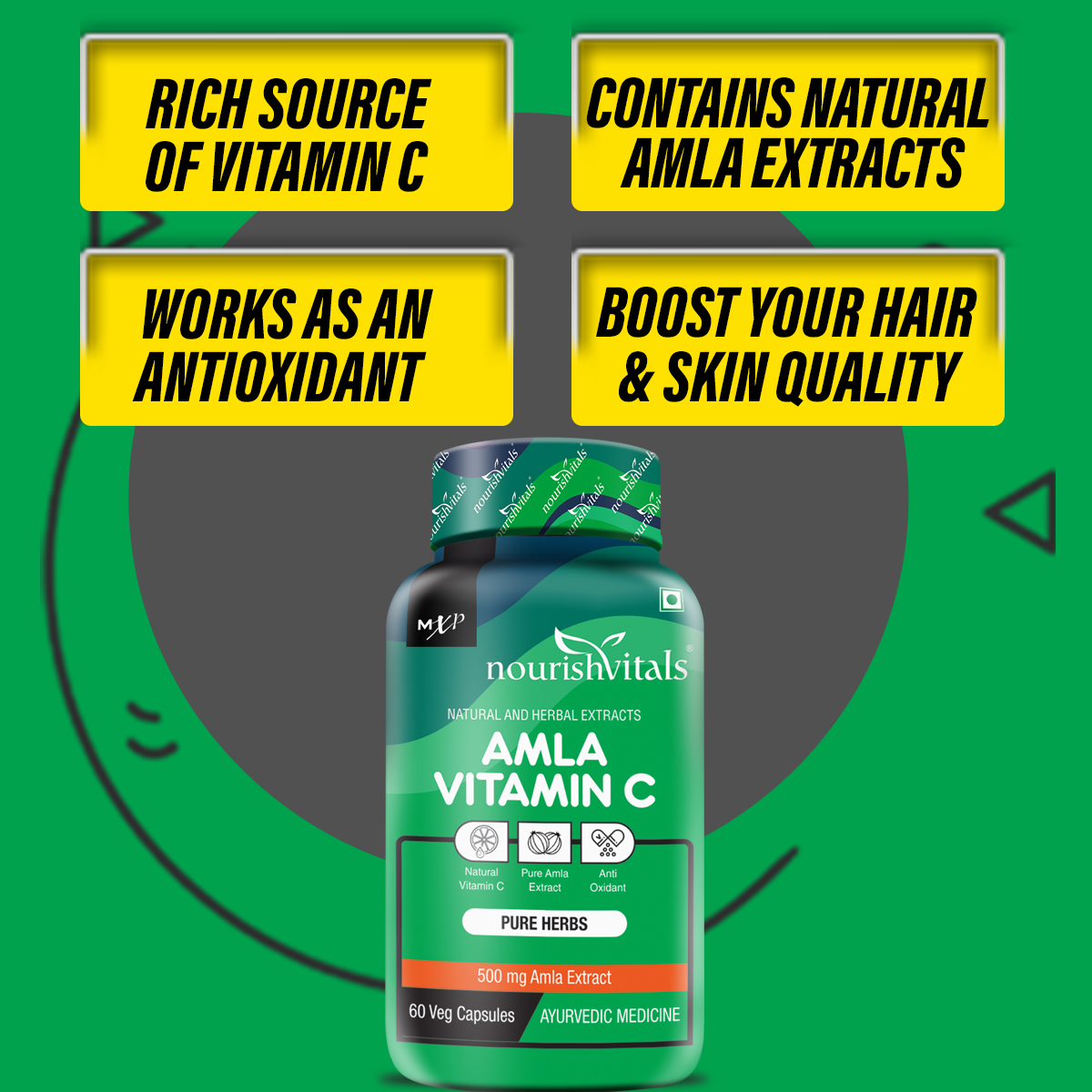 NourishVitals Amla Vitamin C with Tannins > 25% Pure Herbs, 500 mg Amla Extract 60 Veg Capsules