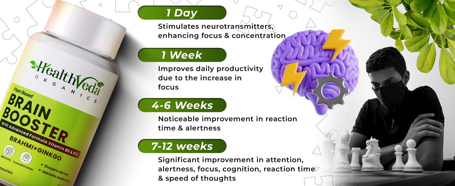 Health Veda Organics Plant-Based Brain Booster with Ginkgo Biloba & Brahmi – Supports Memory, Focus & Concentration – 60 Veg Capsules