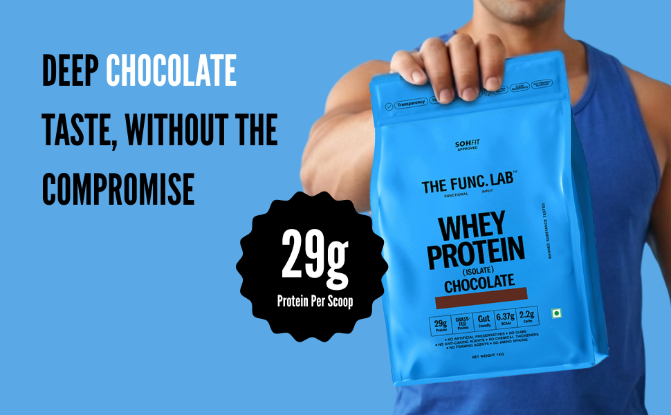 The Func. Lab Whey Protein Isolate - Chocolate Flavour | 500g | Grass‑Fed, 29g Protein, 6.37g BCAA per Scoop | High Protein Supplement for Muscle Growth, Digestion and Absorption Support