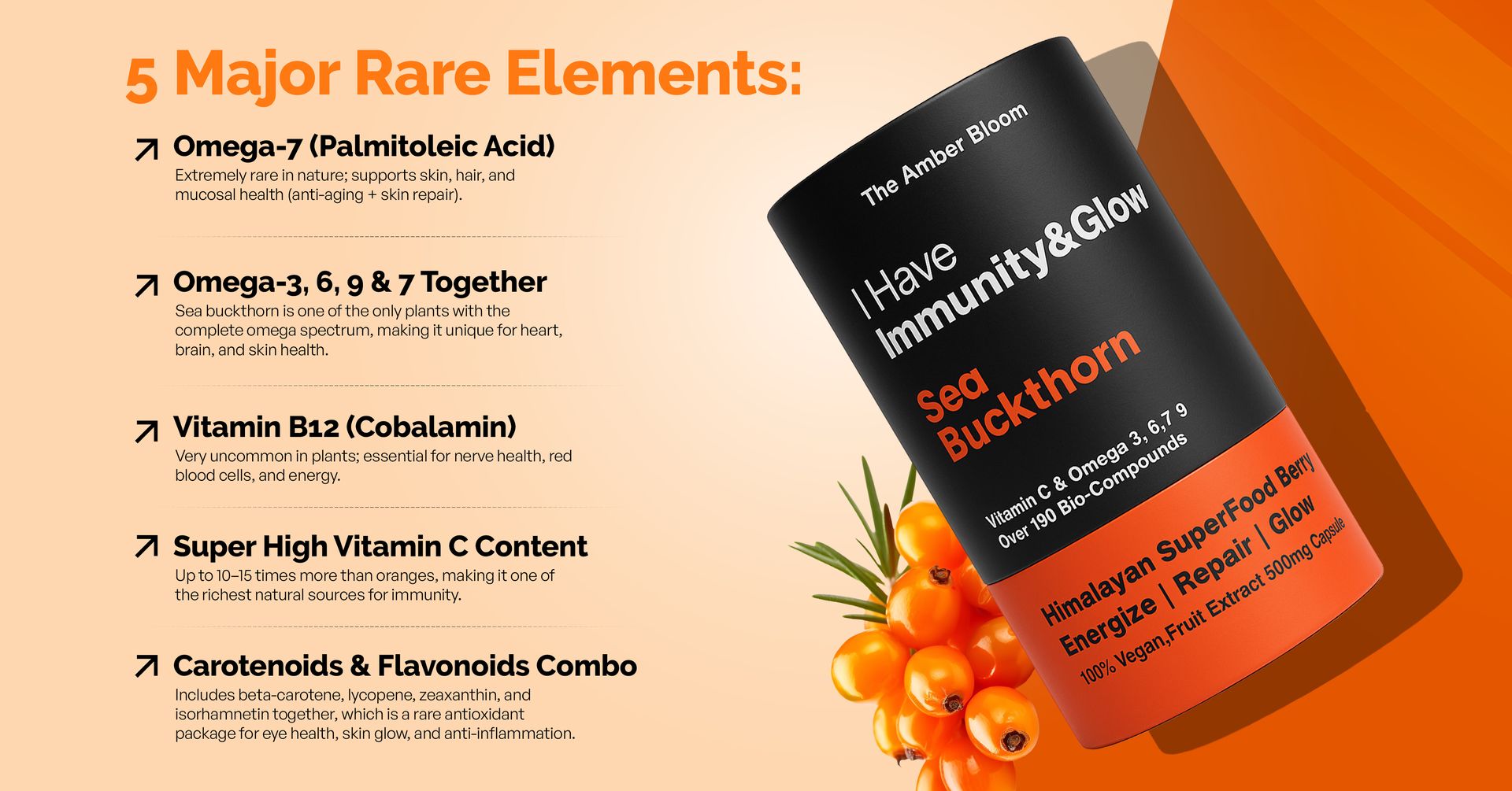 Himalayan Sea Buckthorn Capsules 500 mg | Omega 3 6 7 9 & Vitamin C | Skin Health, Immunity & Antioxidant Support | 10X Potency Herbal Supplement | 60 Vegan Capsules