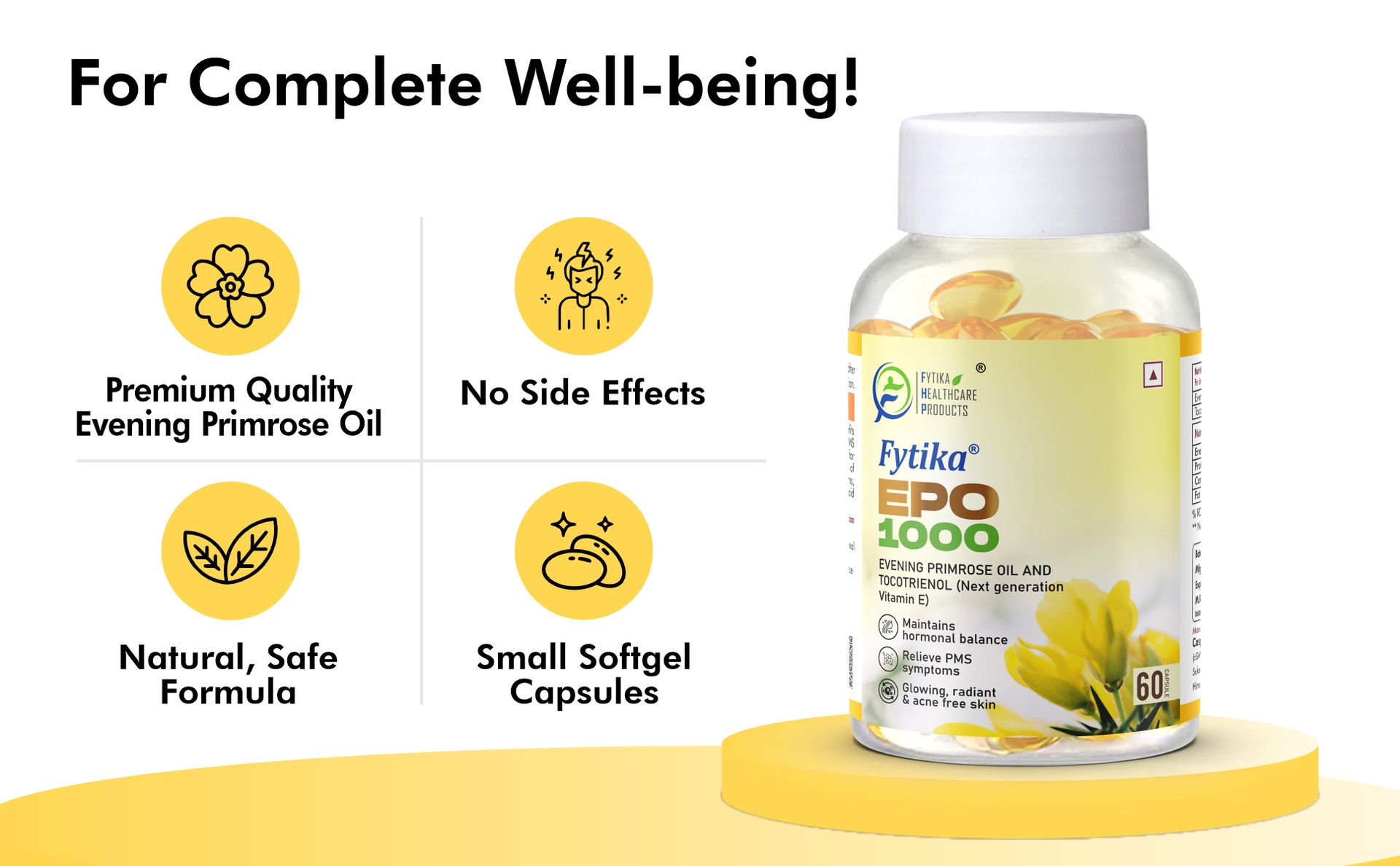 Fytika Epo 1000 Evening Primrose Oil and Tocotrienol Capsules | For Healthy and Acne free Skin | Supports Hormonal Balance in Women | Helpful in PMS & Menopause | Natural Oil Extract 60 Softgels Capsules