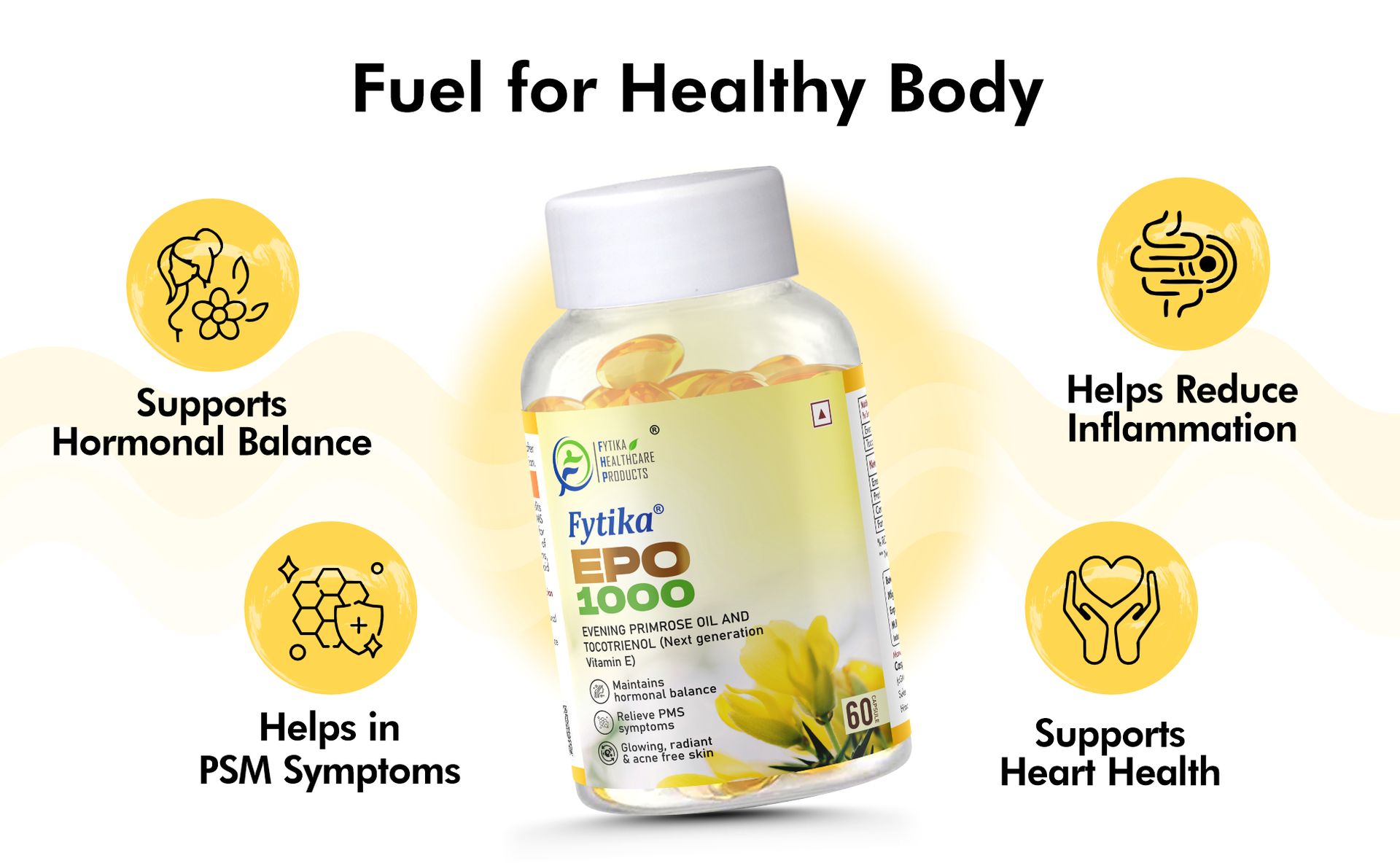 Fytika Epo 1000 Evening Primrose Oil and Tocotrienol Capsules | For Healthy and Acne free Skin | Supports Hormonal Balance in Women | Helpful in PMS & Menopause | Natural Oil Extract 60 Softgels Capsules